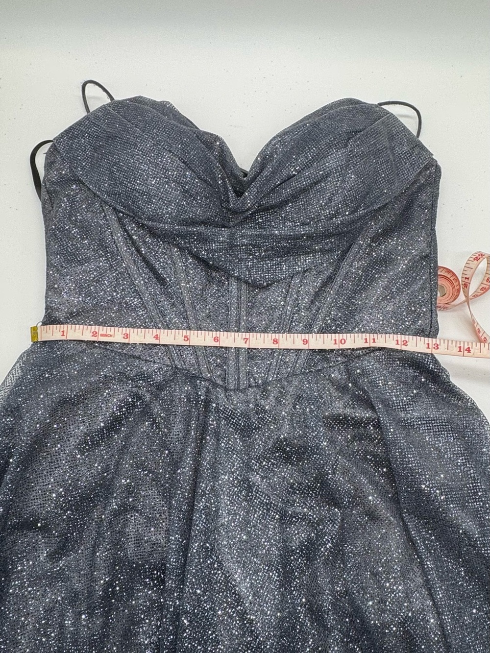 Charcoal Sparkly Corset Gown - Tie Back Dress with Long Train - Picture 9 of 11
